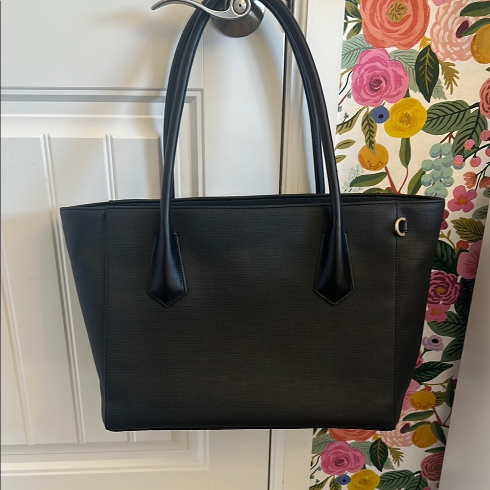 Black Tote Bag with Textured Fabric and Leather Handles